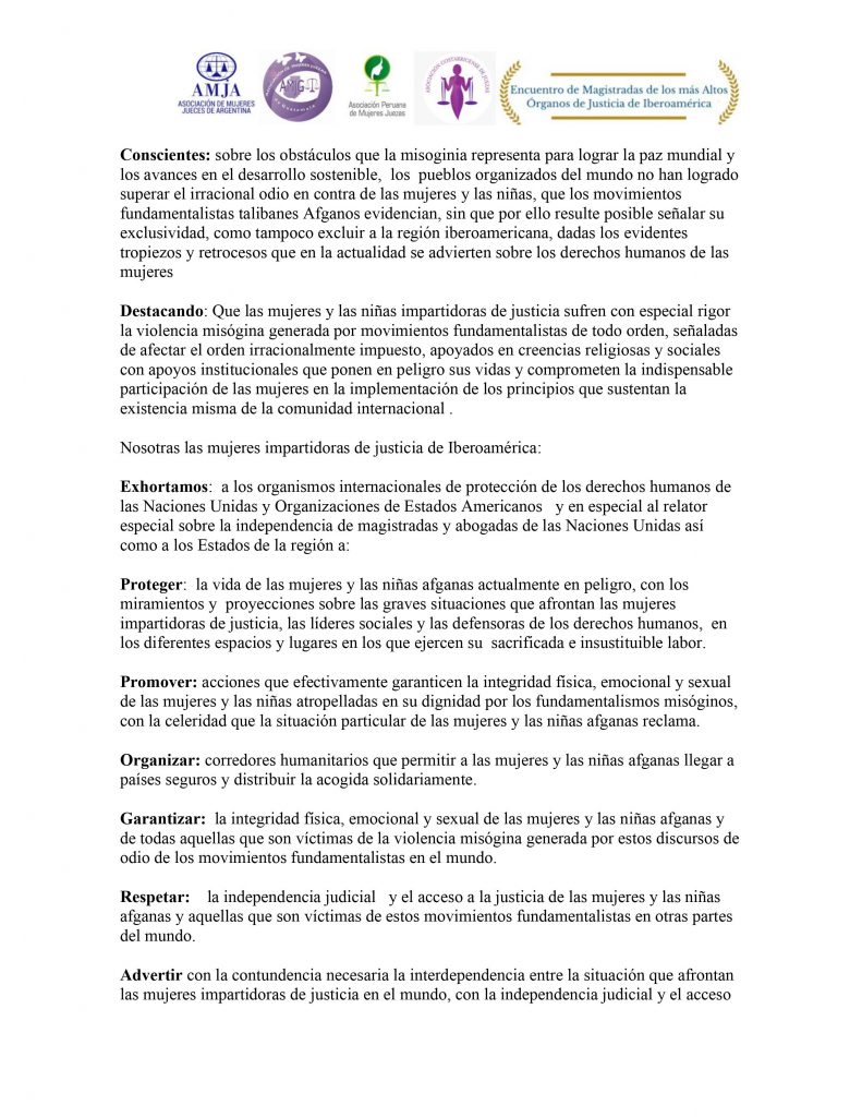 CARTA ABIERTA de las mujeres impartidoras de justicia de Iberoamérica